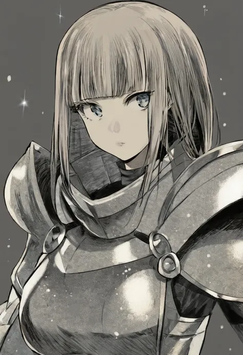 score_9, score_8_up, score_7_up, 1girl, sp1t, abundant detailed hatching shading, monochrome,best quality, high resolution, clean background, blunt bangs, straight hair, hime cut, A medieval female knight in luminous armor, (Luminescent armor:1.3), glitter...