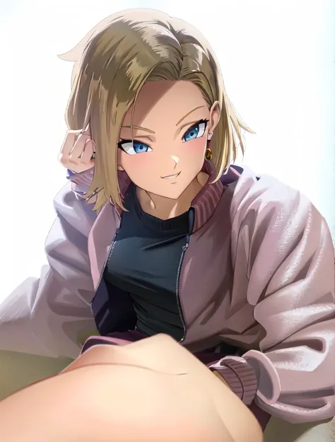 (extremely detailed CG unity 4k wallpaper),(masterpiece),(best quality),(ultra-detailed),(best illustration),(best shadow),(absurdres),(detailed background), Android 18, 1girl, android 18, solo, blonde hair, blue eyes, earrings, jewelry, jacket, crossed ar...