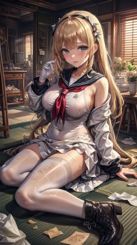 Very detailed顔, Perfect lighting, Extremely detailed CG, (Perfect hands, Perfect Anatomy),Very detailed,　sunset　Orange Room, Cream-colored tissue paper scattered　dirty, A yellowed futon laid out on a tatami mat　A lot of cream-colored tissue paper is scatte...