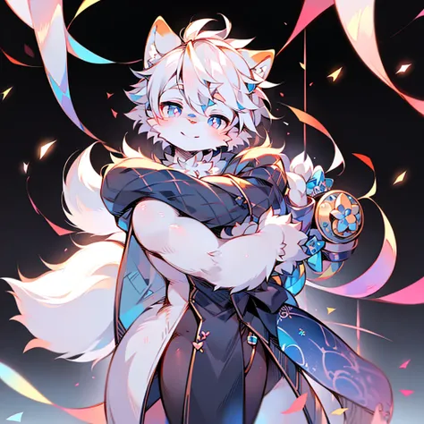 kawaii style, furry, Alone, male, White fox . beautiful, adorable, Simple colors, happy, anime influence, Very detailed, femboy body type, gray pupils