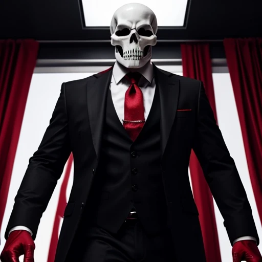 A dark god in a red suit, he has a left skeletal arm, his eyes black and dark, his tie black as night, his head white skull,  full body