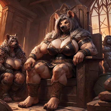 uploaded to e621.net, masterpiece, 8k, hyena woman, matriarch, female, beige fur, spots, gray hair, buff, muscular, barbarian queen, (leather clothing:1.3), wooden throne, wooden keep, primitive room, stone room, seated, casual posture, buff, muscular, mas...