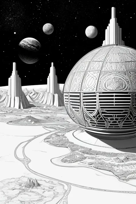 Black and White outline art for Colonies on other planets: Human bases established on distant planets with futuristic domes and structures coloring book page coloring page for kids, kids style, White background, full body, sketch style, use just outline, c...