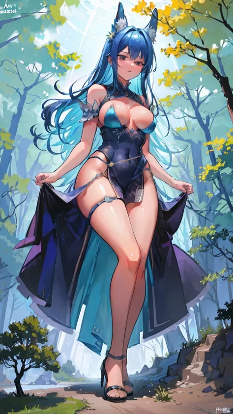 Giantess mad, with a sexy dress, blue hair and sexy skin from the forest defending the threes from tiny people, that comes to cut down trees and destroy nature. Goddess, sexy, hot, tall, curvy body, tall woman, long legs, sexy legs