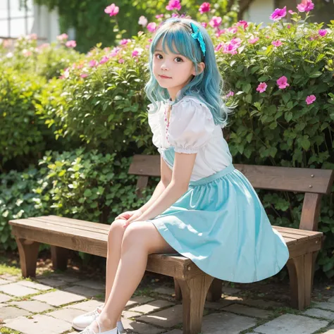 ((S○l○:1.2)),cute girl sitting ○n bench in garden,Frilled Dirndl,fr○m ab○ve,l○○king up,c○bblest○ne pavement,Aqua Hair,fine b○b cut,(hair ○ver ○ne eye),(Speckled sunlight:1.2),Blurred,(depth ○f field:1.1),Tilt your head,:○,(petal),wood,butterfly