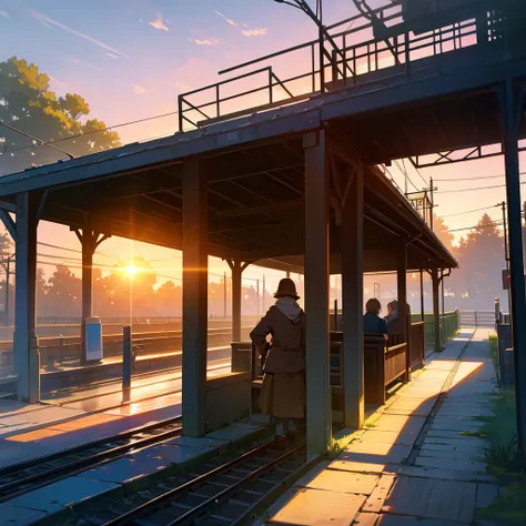 A small, quaint train station with a single platform. The sun is setting, casting a warm glow over the scene.