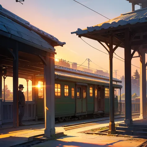 A small, quaint train station with a single platform. The sun is setting, casting a warm glow over the scene.