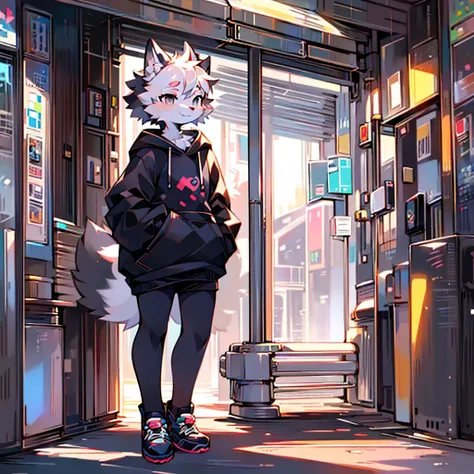 kawaii style, furry, Alone, male, White fox . beautiful, adorable, Simple colors, happy, anime influence, femboy body type, standing on the street, Casual clothes, black sweatshirt, black tights with white tennis shoes 