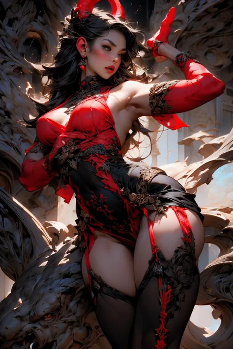 Top quality, top official art, beautiful and aesthetically pleasing, with the highest level of detail, artwork is 4K, 8K, High Resolution, (Photorealistic: 1.5), Sharp Focus, Alluring, Sexy, Erotic, Cowboy Shot, (Naked Devil Woman with Flashy Makeup and Re...