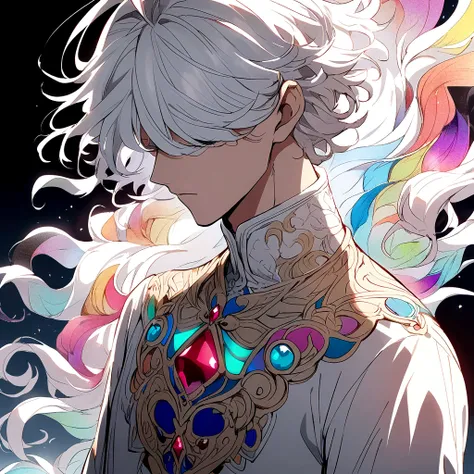 anime man, white hair, blind eyes,white long sleeve shirt