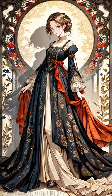 best quality, super fine, 16k, 2.5D, delicate and dynamic depiction, beautiful aristocratic lady, half-up hair, attractive and seductive expression, glamorous slender body, Northern Renaissance, gorgeous long dress and accessories of medieval European aris...