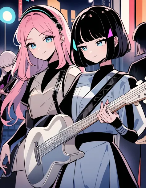 masterpiece, City Pop Style, Three-person band group, Tao has pink hair, a fluffy bob cut, and is playing a guitar., Jane has long white hair down to her waist and is the vocalist., Sayaka has shoulder-length black hair and is a drummer., Futuristic, Retro...