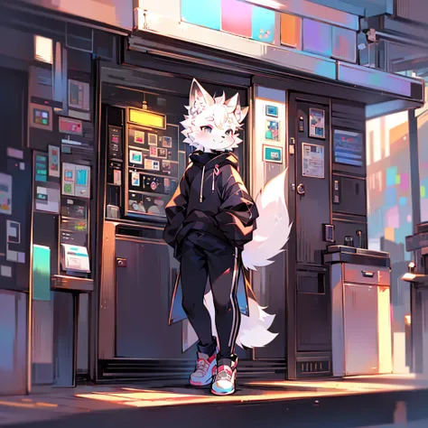 kawaii style, furry, Alone, male, White fox, beautiful, adorable, Of opaque colors, happy, anime influence, femboy body type, standing on the street, Casual clothes, black sweatshirt, black tights with white tennis shoes 