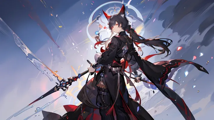 "1 person,1 boy, delicate eyes, boy with gray hair and cat ear, red eye, wearing black shirt, genshin style, guweiz style artwork, smiling,standing , cat with him , ethereal fantasy, victorian era, blue magic elements, splash art, side view, solo (full HD ...