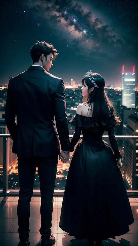 A couple stands against the backdrop of the night sky, creating a beautifully romantic scene with the cityscape in the background, adding an air of mystery to the romantic scene atop the building against the night sky and city lights, (Raw photo, highest q...