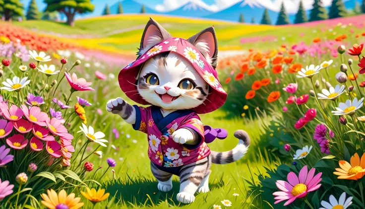 Chibi cat, anthropomorphic, playing in a meadow, smiling, colorful, flower field, bright, Japanese Casual clothing, realism, 8K, realistic photo