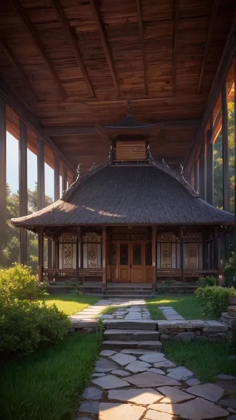 3D isometric, masterpiece, extremely detailed 8k cg unity wallpaper, best quality, best illustration, best shading, sharp, balinese temple, round mossy thatched hut, octane rendering, ray tracing, ultra detailed