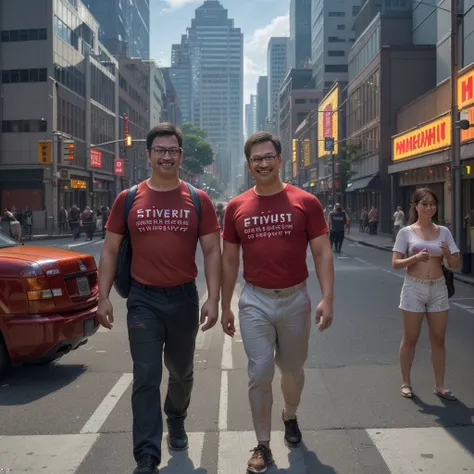 a busy city street, two men standing side by side, both wearing red shirts with Bungasari logos, one man wearing glasses giving a thumbs-up, the other smiling, in front of them a large metal steamer with small colorful food items, urban buildings and traff...