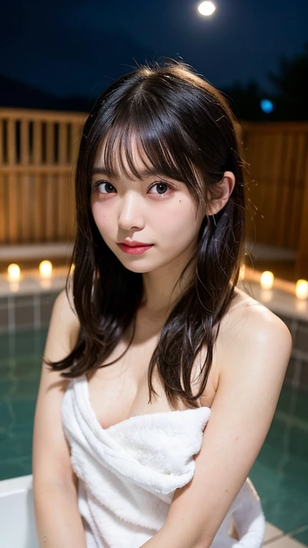 (night:1.7), East Asian architecture, 1 female,Sit on tatami mats, Brunette colored hair，（hair between the eyes）, Lip flap,  (16 years old:1.3),(beautiful shiny straight short long:1.3),beautiful fingers,beautiful long legs,beautifulボディ，Cute Nose，beautiful...