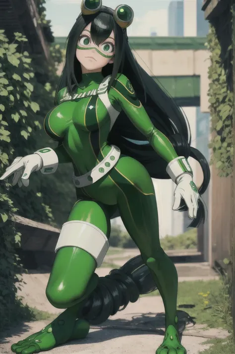 (masterpiece, best quality;1.3), extremely detailed ,ultra detailed, 1girl, solo,  looking at viewer,detailed skin,  crawling, full body, standing, asui tsuyu, low-tied long hair, :p,white gloves, green bodysuit, hair rings,goggles, city, extra large breas...