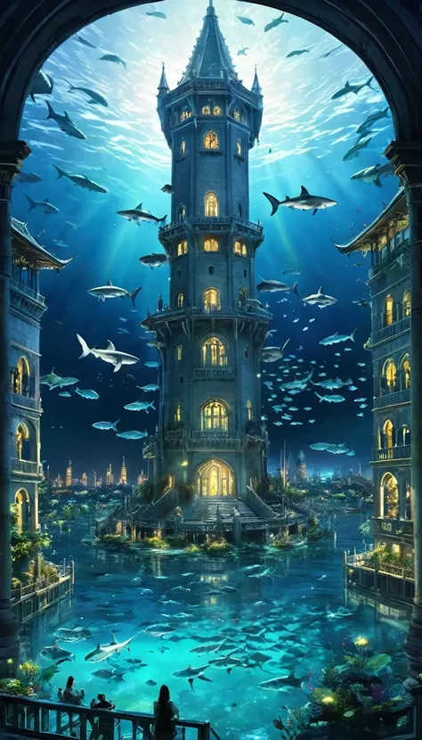 fantasy art, at night, a glowing white tower stands in the clear lake. fluorescent great white sharks fly around the tower.、 the...