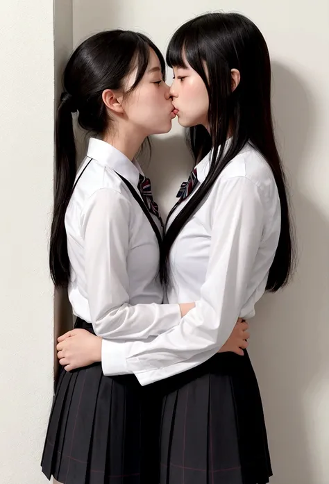 Two schoolgirls，narrow, angry look，stare, equivalent height，In narrow train，black and blonde hair，Facing each other and staring，The two bodies are close to each other，kiss、hug each other, Picture of two people、Holding and facing each other、Photograph of tw...