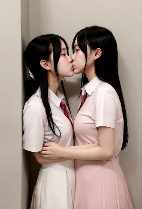 Two schoolgirls，narrow, angry look，stare, equivalent height，In narrow train，black and blonde hair，Facing each other and staring，The two bodies are close to each other，kiss、hug each other, Picture of two people、Holding and facing each other、Photograph of tw...