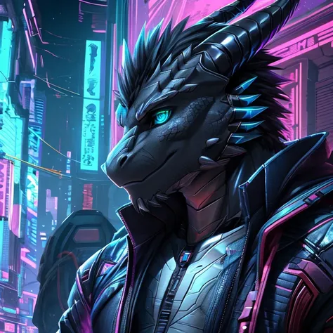 Masterpiece, high quality, furry, male, anthro, (Dragon Tail), solo, (Realistic eye details, (beautiful detailed eyes), there is a Dragon male anime character, a close up of a person in a cyberpunk, cyberpunk art style, an anthromorphic cyberpunk, [synthwa...