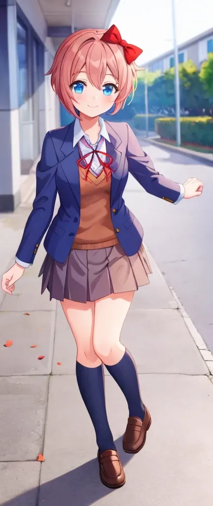 one girl, sayori, ddlc, school blazer, hair bow, close to girl, too gentle, blue eyes, she is always smiling, full body