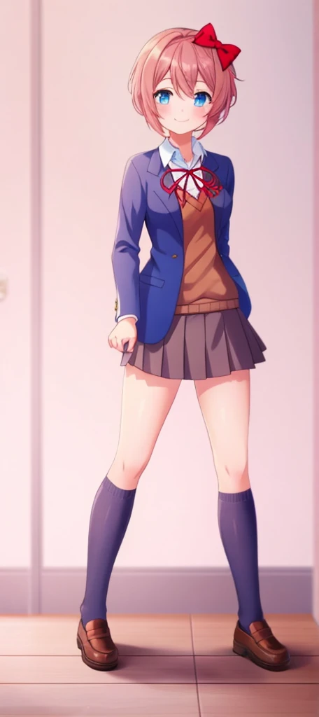 one girl, Sayori, DDLC, school blazer, hair bow, close to girl, too gentle, blue eyes, she is always smiling, full body, lovely pose