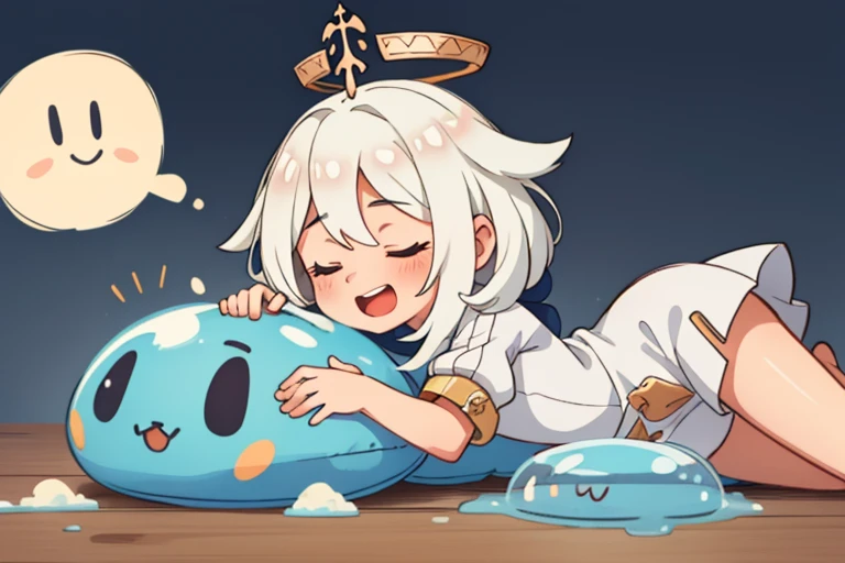 (1 girl) , tender, Sleeping, happy, lying down, kitchen background, White hair, round slime pillow, golden halo, long white dress, slime, 
