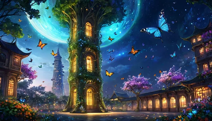 Fantasy art,
 At night, the World Tree Tower is built, which emits a transparent, glowing sap. Around the tower are vines entwined around it, and colorful butterflies and flowers fly through the air.、 The surrounding space itself becomes like a huge closed...