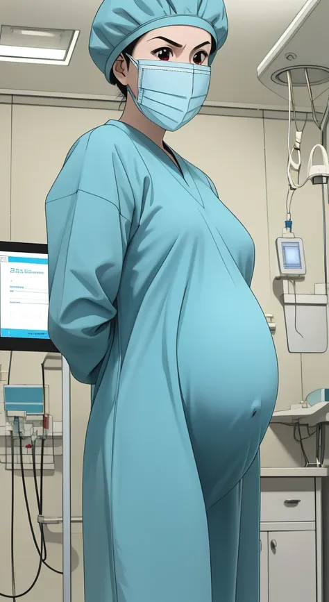 masterpiece, highest quality, source_anime, the view is turned slightly to the side, (RAW photo, best quality), 1girl, frown, pale skin, shy eyes, big breasts, big tits, pregnant, stand, natural lighting, solo, hospital, in the operating room, 
ray kasugan...