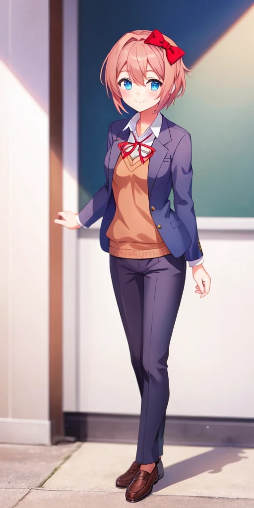 one girl, Sayori, DDLC, school blazer, hair bow, close to girl, too gentle, blue eyes, she is always smiling, full body, beautiful