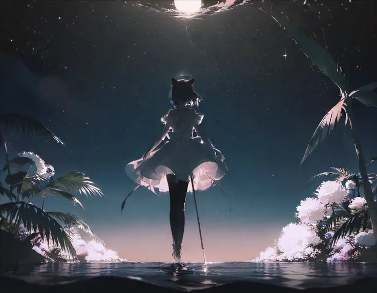 by rella, amazing quality, masterpiece, best quality, absurdres, beautiful, detailed shadow, aesthetic, BREAK A girl, Solitary, Stand on the water, Reflective surface, , Cat ear, (poster:0.76), (Palm leaves), White flowers, (Blue light glow:1.2), night, Da...