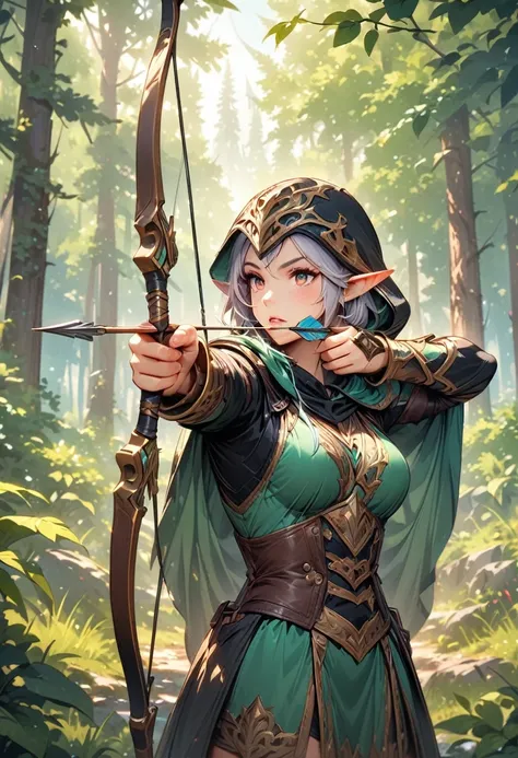 (ashe: archer,characters appearing in league of legends,female elf hunter),nordic forest background,black hooded cloak,eyes aimi...