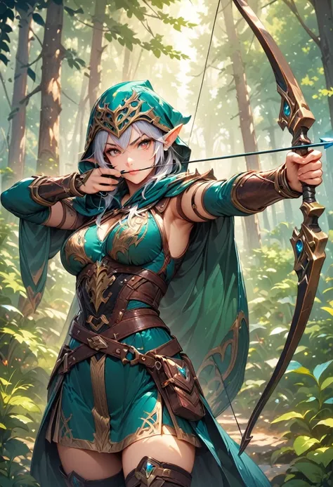 (ashe: archer,characters appearing in league of legends,female elf hunter),nordic forest background,black hooded cloak,eyes aimi...