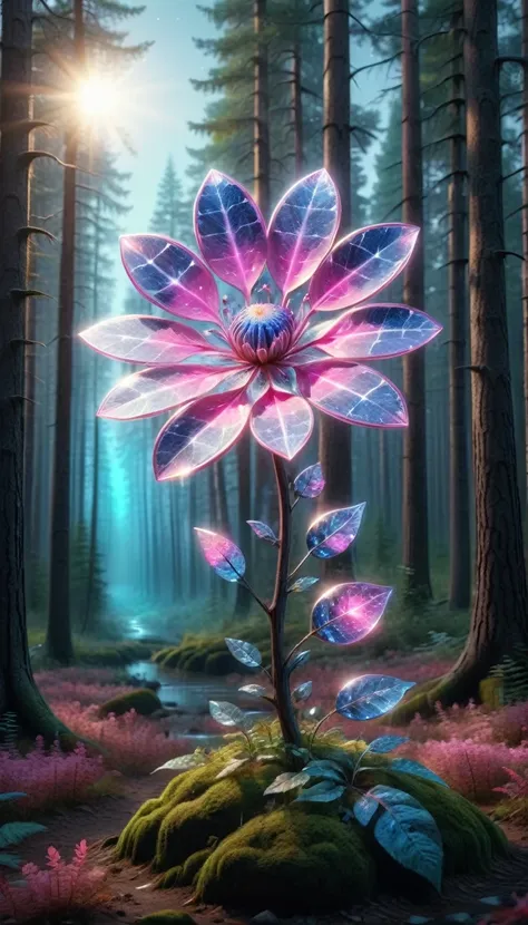 ink illustration, bioluminescent pink flower, wonderful night forest, magical radiance, concept art,depth of written boundarym, ...