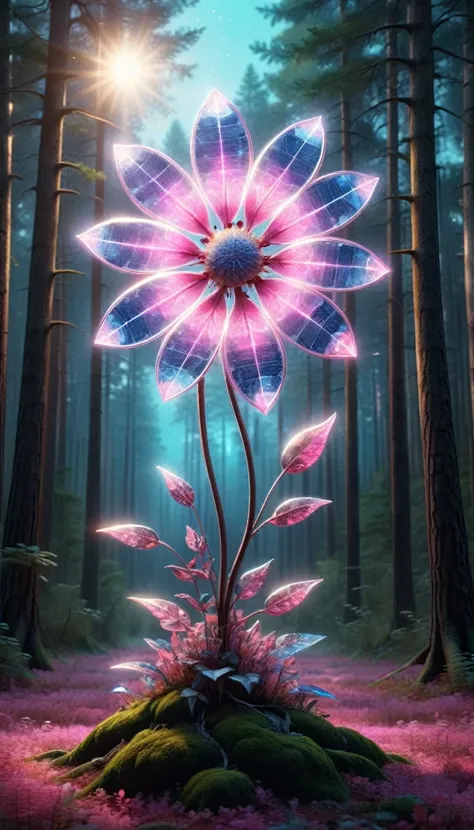 ink illustration, bioluminescent pink flower, wonderful night forest, magical radiance, concept art,depth of written boundarym, ...