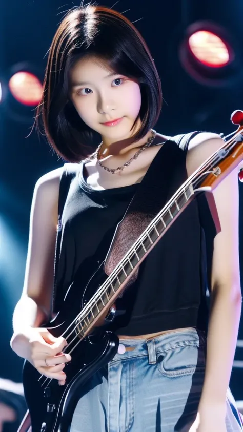 close-up of beautiful korean teenage girl, short hair, wearing crop top, necklace, playing bass, on the stage, cinematic scene, ...