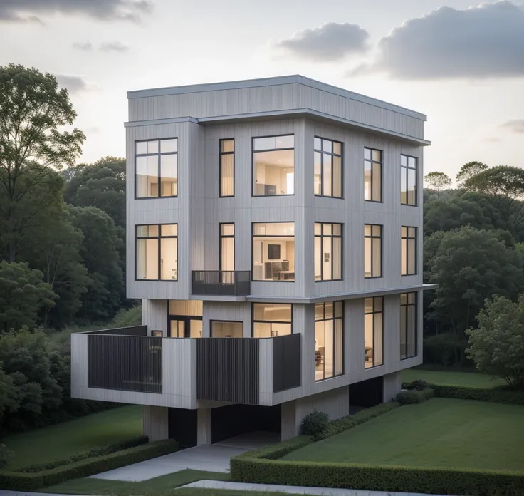 raw photo, a photo of a modern villa with a car parked in front of it, ((1/2 dark grey wood facade)), architectural shot, gate, ...