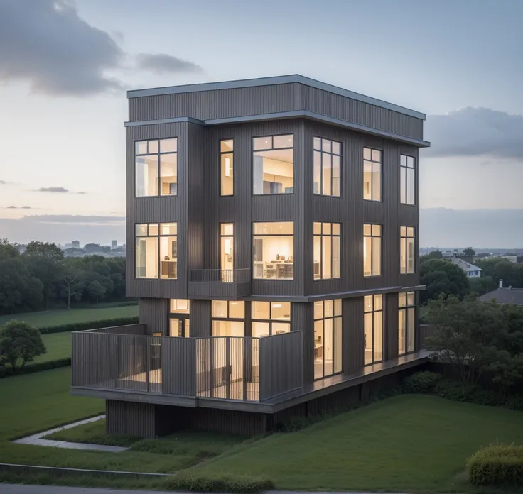 raw photo, a photo of a modern villa with a car parked in front of it, ((1/2 dark grey wood facade)), architectural shot, gate, ...