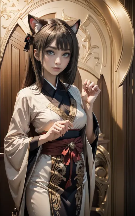 focus on body and face illustraion((Masterpiece)),(Best Quality), (Cinematic),(Extremely detailed CG Unity 8k wallpaper),1girl, fit,Delicious company,revealing clothes, intricate outfit,fit, small breasts,very long red hair,big cat eyes,one Stunning hanfu ...