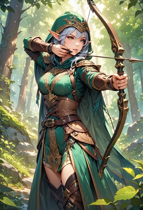 (ashe: archer,characters appearing in league of legends,female elf hunter),nordic forest background,black hooded cloak,eyes aimi...