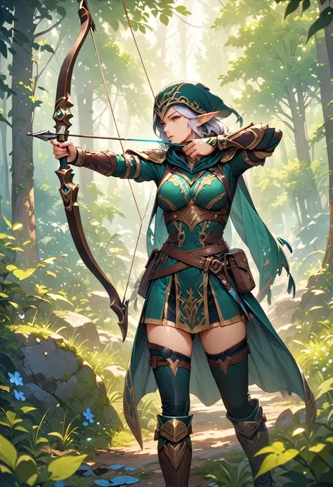 (ashe: archer,characters appearing in league of legends,female elf hunter),nordic forest background,black hooded cloak,eyes aimi...