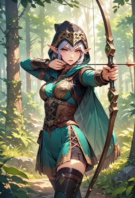 (ashe: archer,characters appearing in league of legends,female elf hunter),nordic forest background,black hooded cloak,eyes aimi...