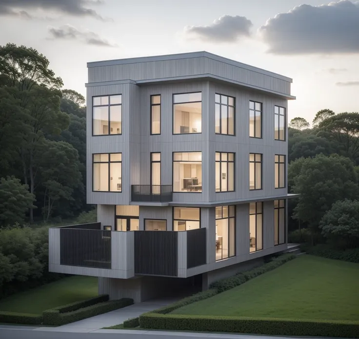 raw photo, a photo of a modern villa with a car parked in front of it, ((1/2 dark grey facade)), architectural shot, gate, road,...