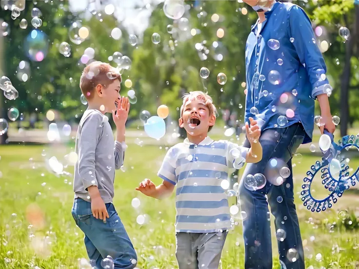 there are two boys playing with bubble in the park, bubble in the air, shutter, have a great time, soap bubble, have a great tim...