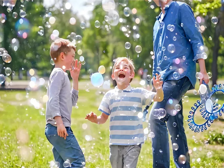 there are two boys playing with bubble in the park, bubble in the air, shutter, have a great time, soap bubble, have a great tim...