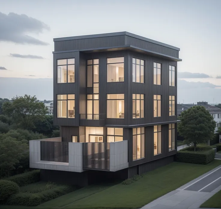 raw photo, a photo of a modern villa with a car parked in front of it, ((1/2 dark grey facade)), architectural shot, gate, road,...